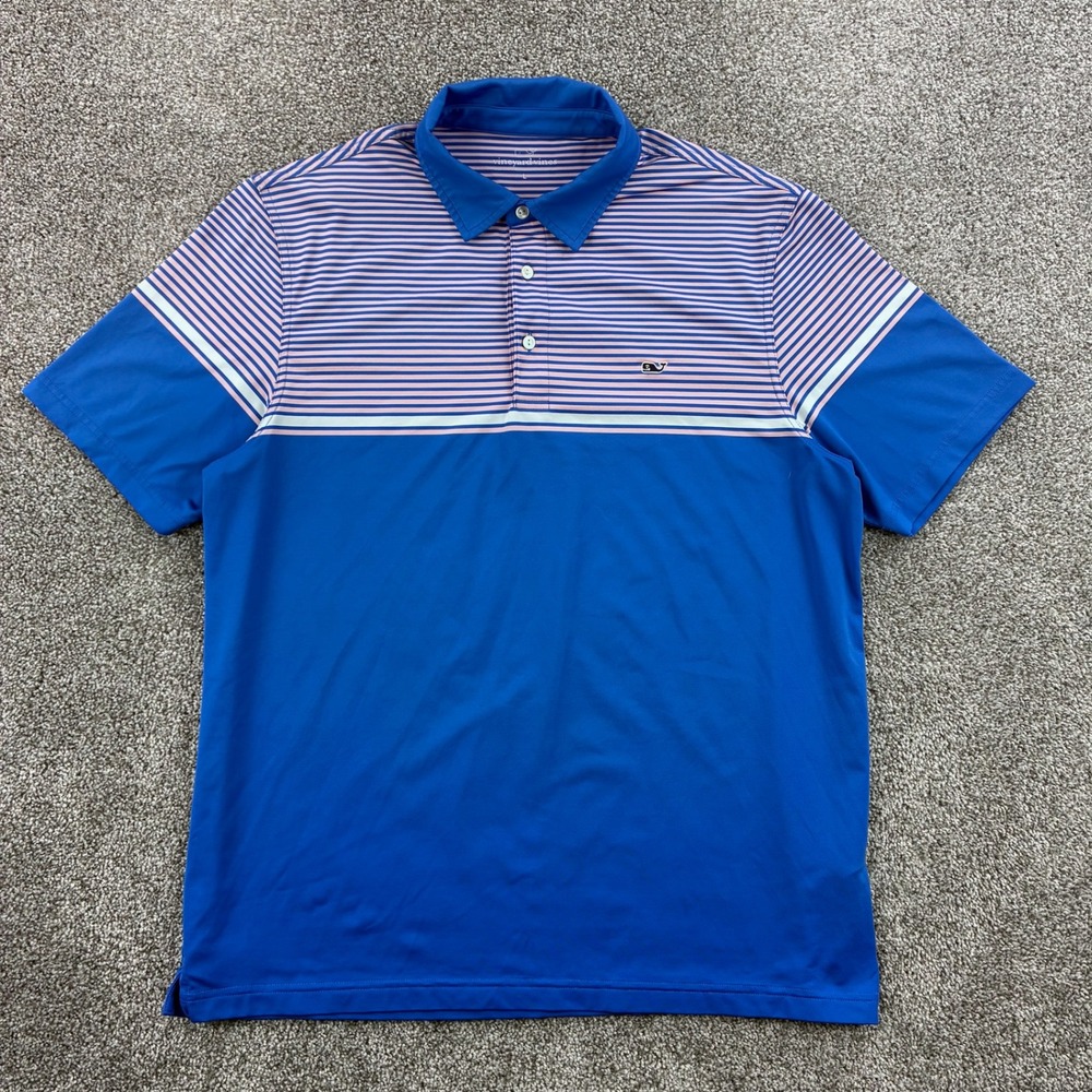 Vineyard Vines Polo Shirt Mens Large Blue Striped Performance Sankaty Beach